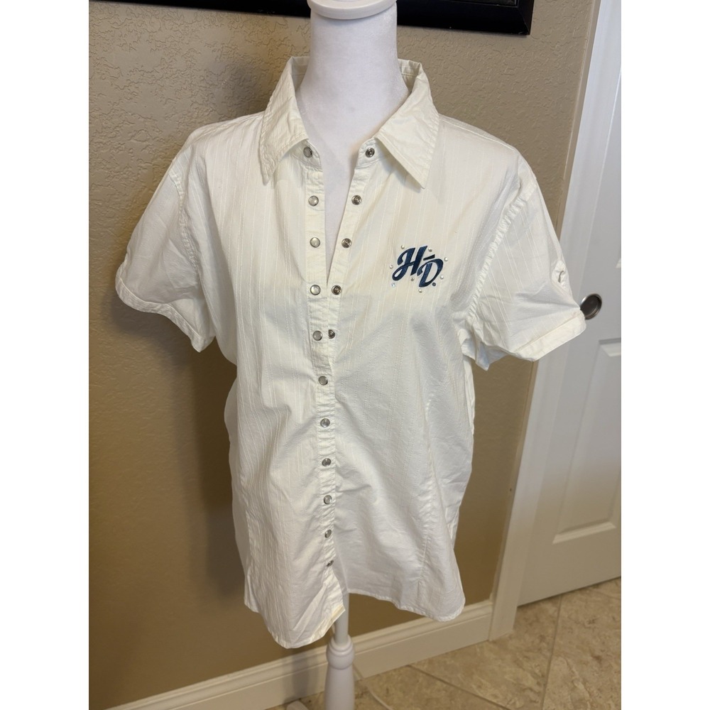 Harley Davidson Women's White Short Sleeve Button Up Embroidered Top, XL, Bling